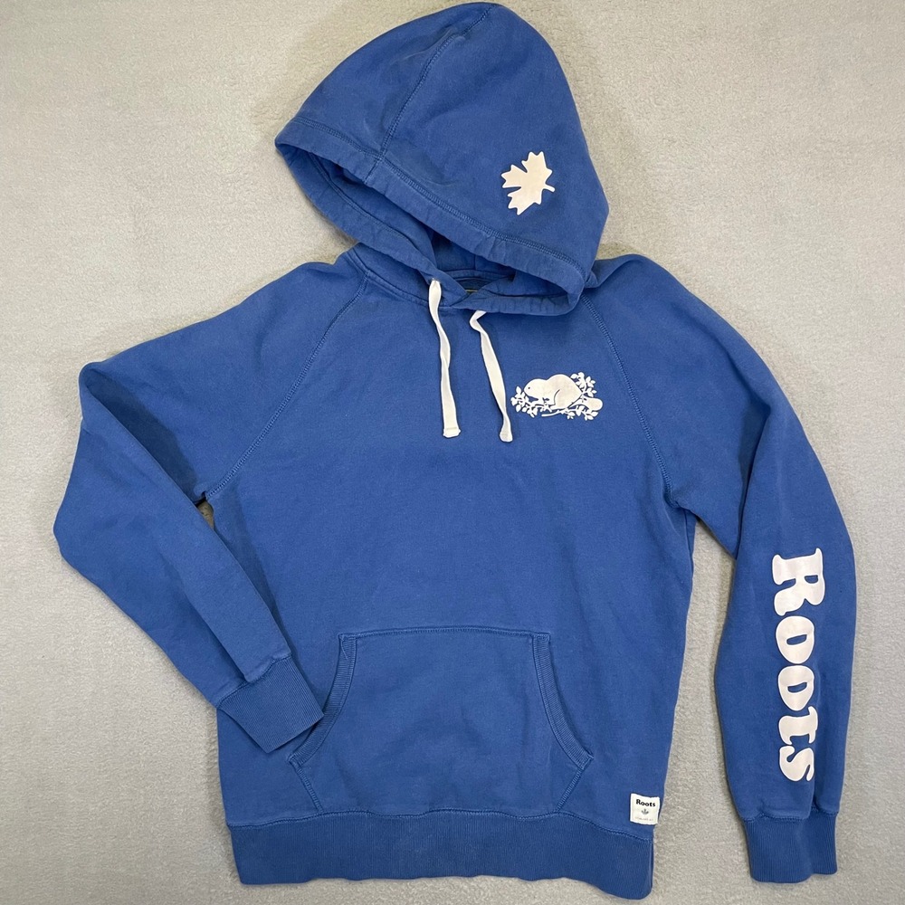 Roots Hoodie Mens Medium Blue Canada Logo Raglan Pullover Fleece Sweatshirt